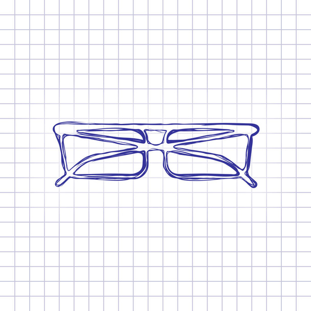 eyeglasses icon. Hand drawn picture on paper sheet. Blue ink, outline sketch style. Doodle on checkered background - Vetor, Imagem