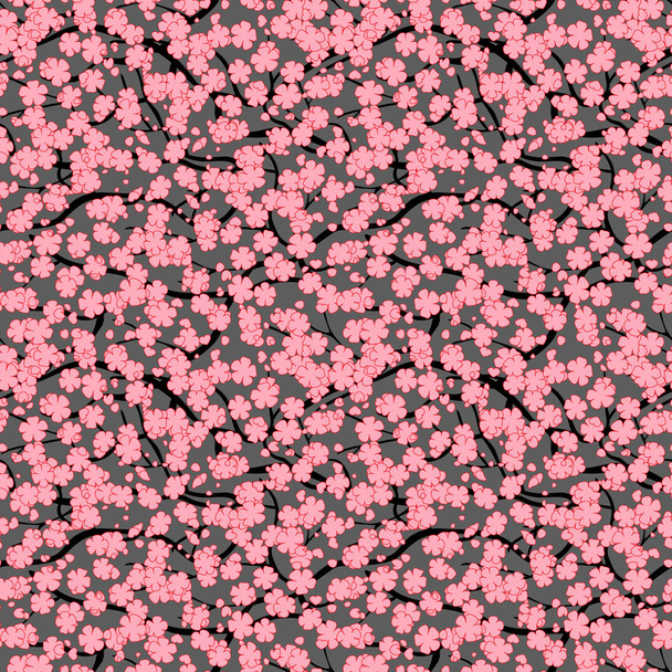 花と桜の木。無限中の枝。オリエンタル スタイル。灰色の背景とのシームレスなパターン - ベクター画像