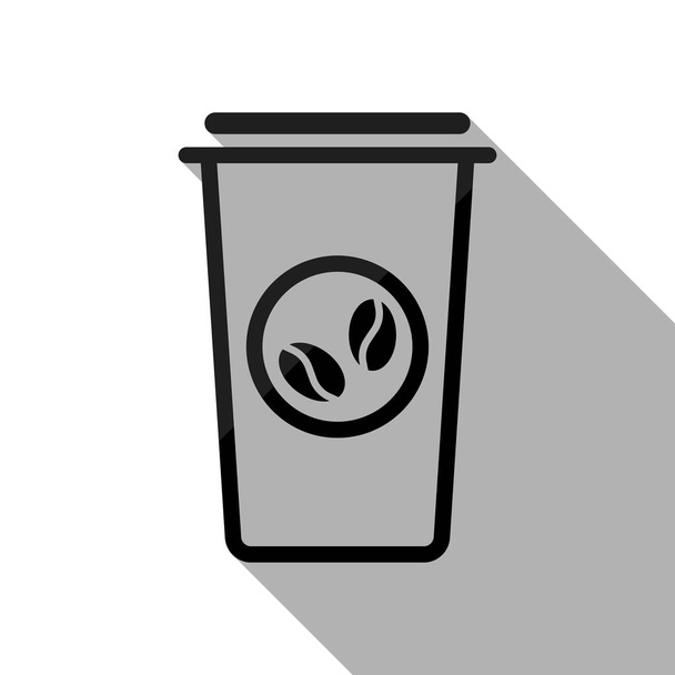 Šálek kávy, kávu s sebou. Jednoduché lineární ikona, tenký obrys. Černý objekt s dlouhý stín na bílém pozadí - Vektor, obrázek