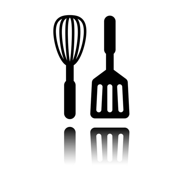 Mutfak Aracı simgesi. Çırpma teli ve spatula. Siyah beyaz arka plan ayna yansıması simgesiyle - Vektör, Görsel