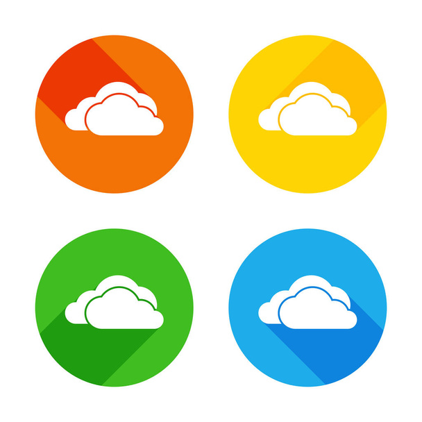cloudy weather icon. Flat white icon on colored circles background. Four different long shadows in each corners - Vecteur, image