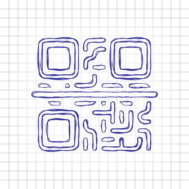 Fürkésző a Qr-kód. Technológia ikonra. Kézzel rajzolt kép a papírlap. Kék tintával, szerkezeti vázlat stílus. Doodle a kockás hátteret - Vektor, kép