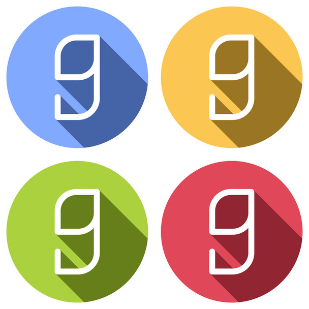 Nummer 9, negende cijfer. Set van witte iconen met lange schaduw op blauw, oranje, groen en rood gekleurde cirkels. Sticker stijl - Vector, afbeelding