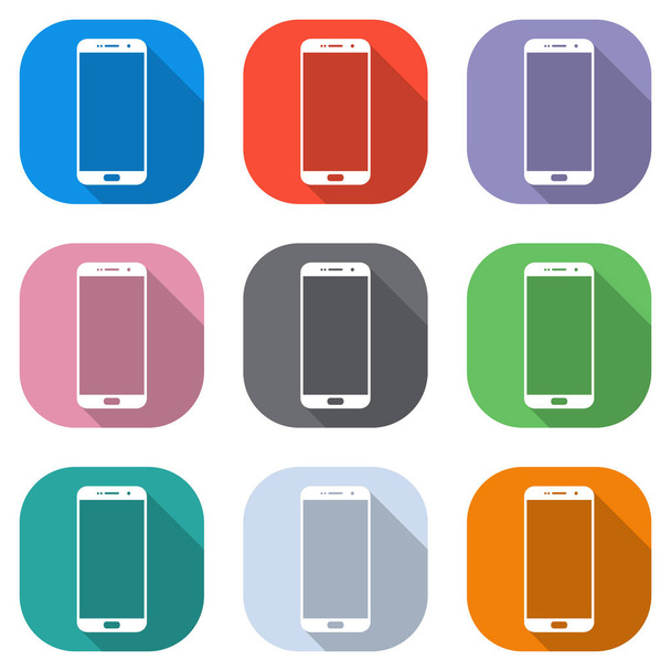 Sellphone アイコン。アプリケーションの色の正方形の白いアイコンのセットします。シームレスでポスターのパターン - ベクター画像