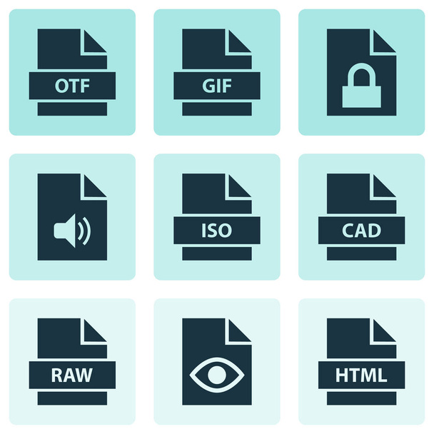 Icone di file impostate con elementi bloccati, audio, otf e altri elementi di portfolio. Isolate icone del file di illustrazione
. - Foto, immagini