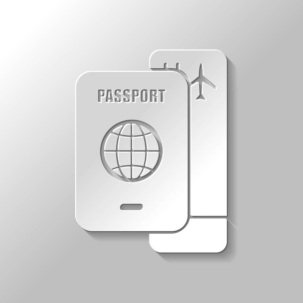 паспорт, посадочный талон. Концепция авиаперелетов. Бумажный стиль с тенью на сером фоне
 - Вектор,изображение