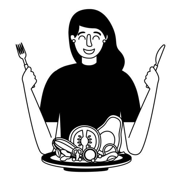 γυναίκα με πιρούνι και μαχαίρι λαχανικών υγιεινά τρόφιμα - Διάνυσμα, εικόνα