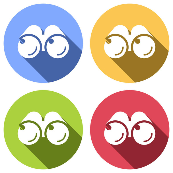 Simple binocular icon. Set of white icons with long shadow on blue, orange, green and red colored circles. Sticker style - Вектор,изображение
