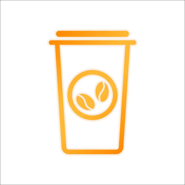 コーヒー カップ、コーヒーを飲み。輪郭が細いシンプルな線形アイコン。オレンジに白い背景の上の低照度で署名します。 - ベクター画像