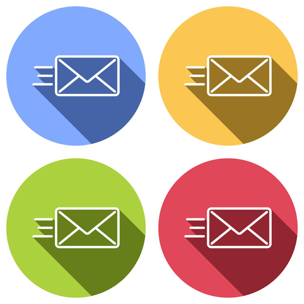 send mail icon. sms line. Set of white icons with long shadow on blue, orange, green and red colored circles. Sticker style - Vector, imagen