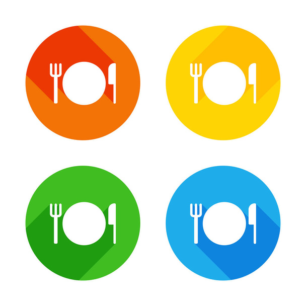 cutlery. plate fork and knife icon. Flat white icon on colored circles background. Four different long shadows in each corners - Vector, Image