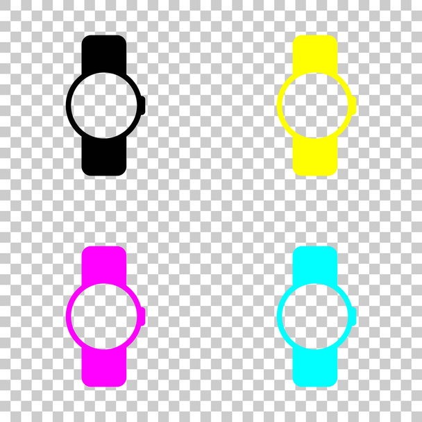円形のディスプレイと手のスマートな腕時計。テクノロジーのアイコン。色の cmyk アイコンの背景を透明に設定 - ベクター画像