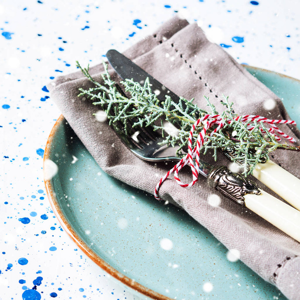 Χριστουγεννιάτικο πιάτο με μαχαιροπήρουνα και πράσινο κλαδί - Φωτογραφία, εικόνα
