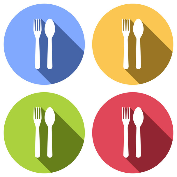 Fork and spoon, icon. Kitchen tools. Set of white icons with long shadow on blue, orange, green and red colored circles. Sticker style - Vettoriali, immagini