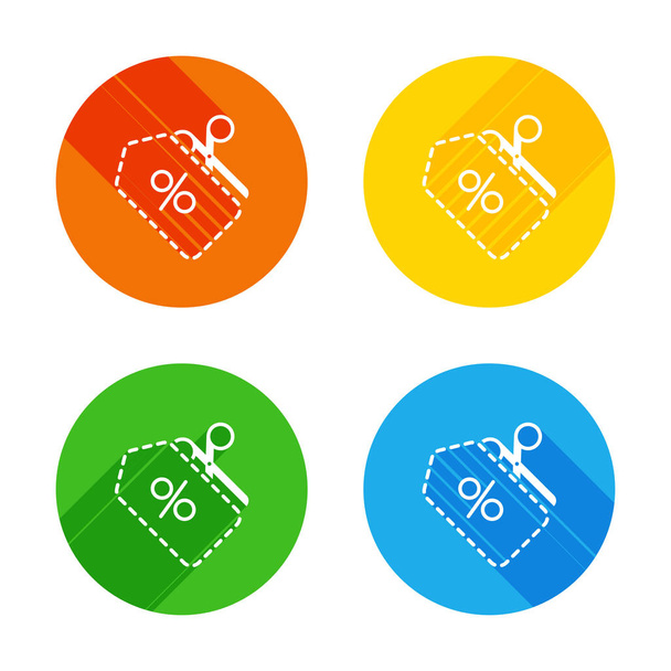 Scissors and Sale label. Simple icon. Flat white icon on colored circles background. Four different long shadows in each corners - Vector, Image