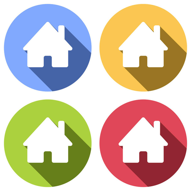 house icon. Set of white icons with long shadow on blue, orange, green and red colored circles. Sticker style - Вектор,изображение