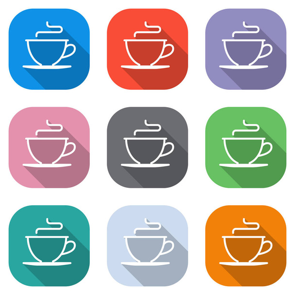 Jednoduchý šálek kávy nebo čaje. Lineární ikona, tenký obrys. Sada bílých ikon na barevné čtverečky pro aplikace. Bezproblémová a vzor pro plakát - Vektor, obrázek
