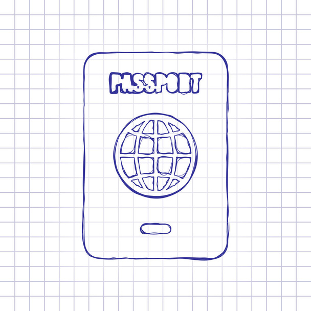 passport, simple icon. Hand drawn picture on paper sheet. Blue ink, outline sketch style. Doodle on checkered background - Vector, Image