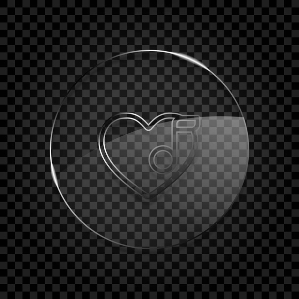 Heard and note, Favourite music. Linear icon with thin outline. Icon in circle glass bubble on dark transparent grid. Glass style - Vector, Image