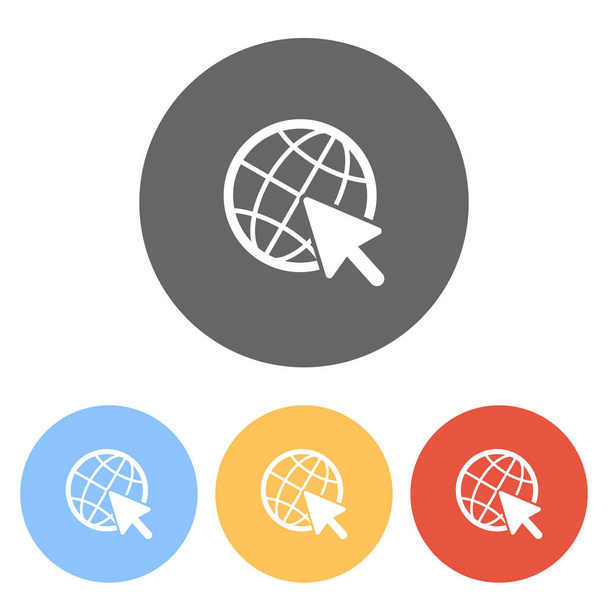 Значок "Глобус и стрелка". Набор белых икон на цветных кругах
 - Вектор,изображение