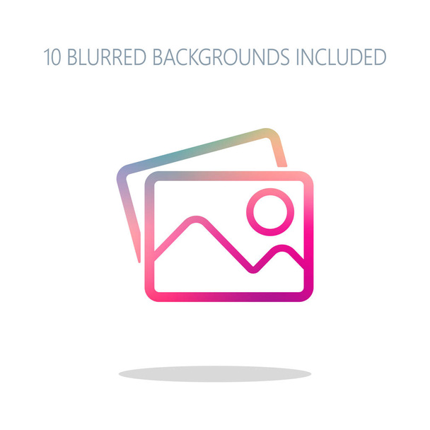 Stack of pictures with couple of mountains and sun. Simple linear icon. Colorful logo concept with simple shadow on white. 10 different blurred backgrounds included - Vector, Image