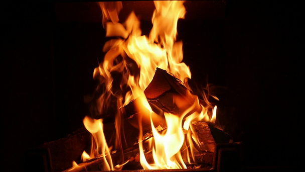 Živé proudy požár dřevěné hranoly stává černým popelem v detailním inspirující krb plamenech vidlic červené a žluté ohně hořící uhly a dřevěné trámy v krbu. Vypadá to veselé a svěží. - Záběry, video