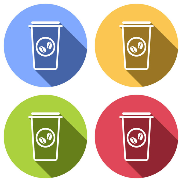 Coffee cup, coffee to go. Simple linear icon, thin outline. Set of white icons with long shadow on blue, orange, green and red colored circles. Sticker style - Vector, Image