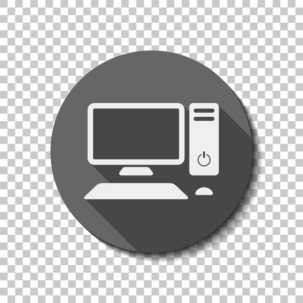 Personal computer, pc. Systeemeenheid, beeldscherm, toetsenbord en muis. Witte vlakke pictogram met lange schaduw in cirkel op transparante achtergrond. Badge of sticker stijl - Vector, afbeelding