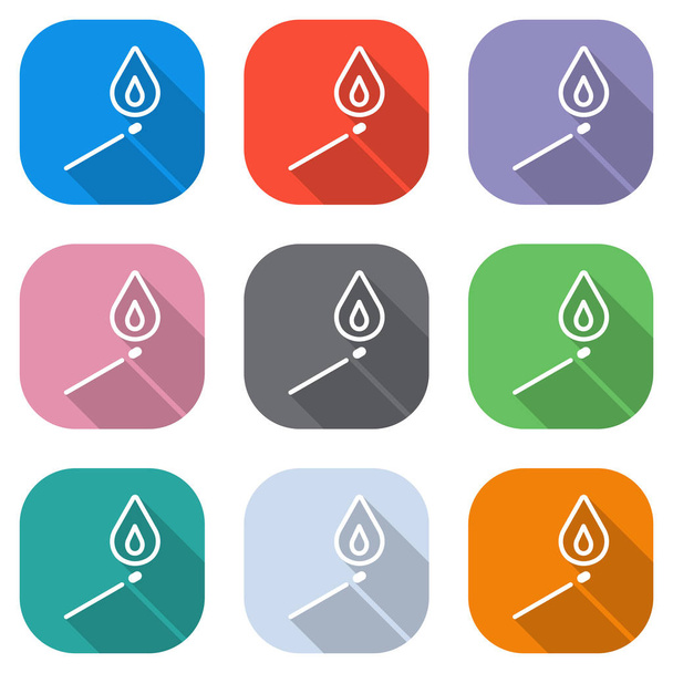 fósforo con llama de fuego. silueta simple. Conjunto de iconos blancos en cuadrados de colores para aplicaciones. Inconsútil y patrón para cartel
 - Vector, Imagen