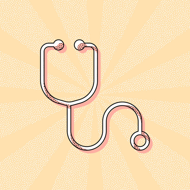 Simple stethoscope icon. Linear, thin outline. Vintage retro typography with offset printing effect. Dots poster with comics pop art background - Vector, Image