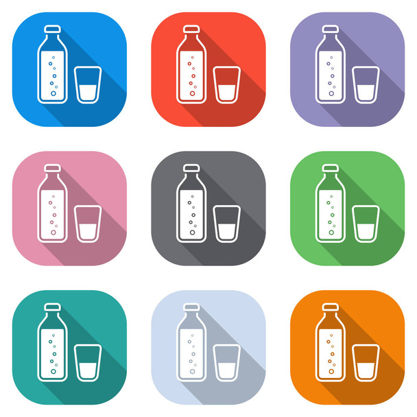 Wasserflasche mit Blasen und Glasbecher. einfaches Symbol. Satz weißer Symbole auf farbigen Quadraten für Anwendungen. nahtlos und Muster für Plakate - Vektor, Bild