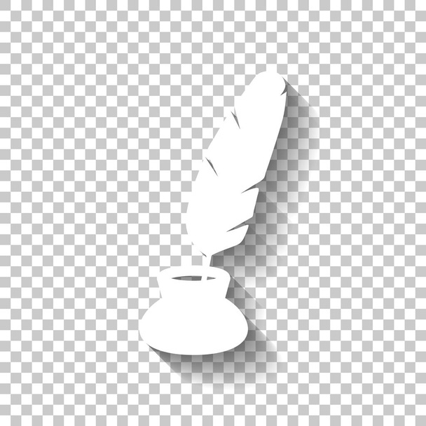 Ink and feather, sign of author. Simple icon. White icon with shadow on transparent background - Vector, Image