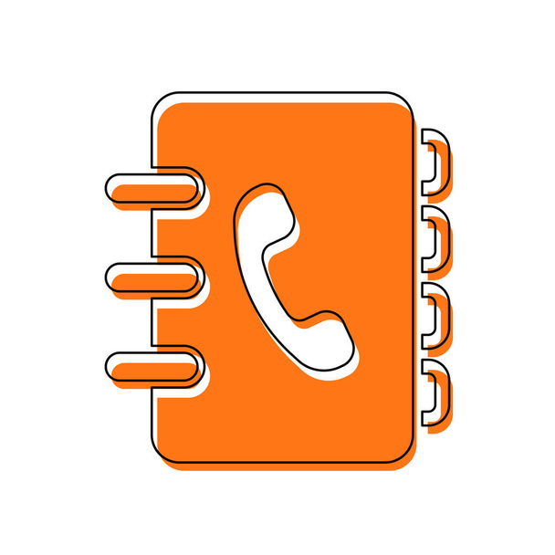 Adresboek met telefoon ondertekenen op cover. eenvoudige pictogram. Geïsoleerde pictogram bestaande uit zwarte dunne contour en oranje verplaatst vullen op verschillende lagen. Witte achtergrond - Vector, afbeelding