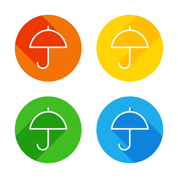 Simple umbrella icon. Linear, thin outline. Flat white icon on colored circles background. Four different long shadows in each corners - Vektor, obrázek