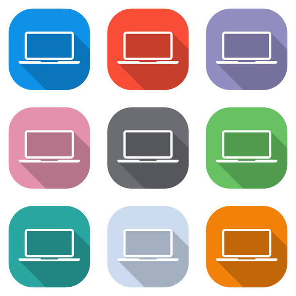 Pictogram van de computer laptop of notebook. Set witte pictogrammen op gekleurde vierkantjes voor toepassingen. Naadloos en patroon voor poster - Vector, afbeelding