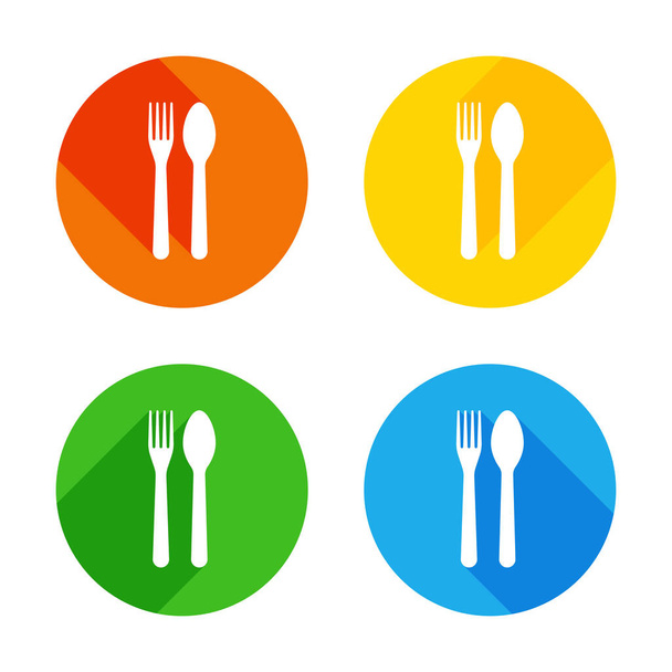 Fork and spoon, icon. Kitchen tools. Flat white icon on colored circles background. Four different long shadows in each corners - Vector, imagen