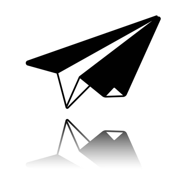 avión de papel. planeador de origami. Icono negro con reflejo de espejo sobre fondo blanco
 - Vector, imagen