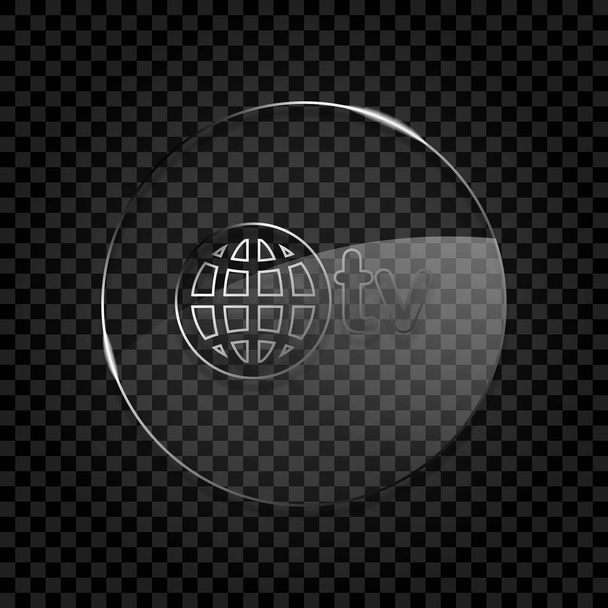 domein voor media en televisie, globe en tv. Pictogram in cirkel glazen zeepbel op donkere transparante raster. Glas stijl - Vector, afbeelding