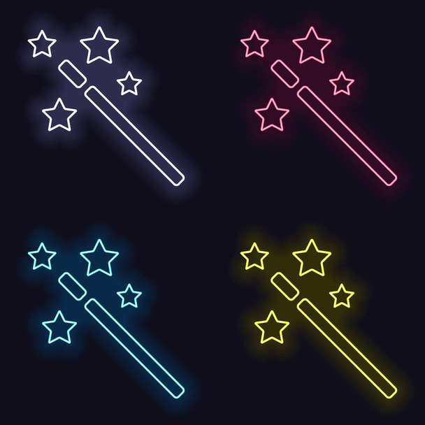 magic wand with stars. simple silhouette. Set of fashion neon sign. Casino style on dark background. Seamless pattern - Vector, Image
