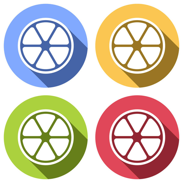 икона лимонного ломтика. Набор белых икон с длинной тенью на синих, оранжевых, зеленых и красных кругах. Стикер
 - Вектор,изображение