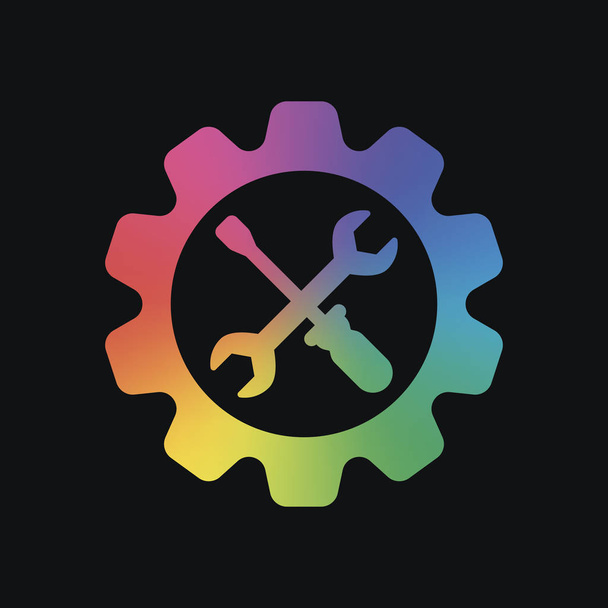 Wrench and screwdriver in gear. Rainbow color and dark background - Vector, Image