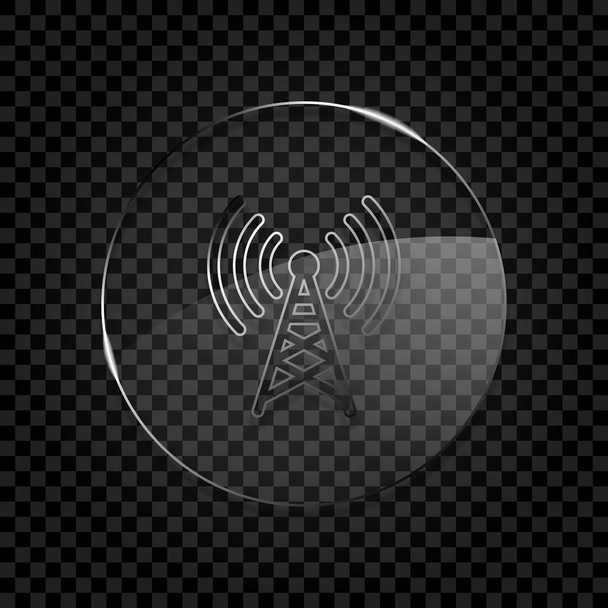 Radio tower icon. Linear style. Icon in circle glass bubble on dark transparent grid. Glass style - Vector, Image