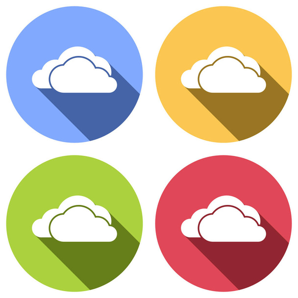 het pictogram van het bewolkt weer. Set van witte iconen met lange schaduw op blauw, oranje, groen en rood gekleurde cirkels. Sticker stijl - Vector, afbeelding