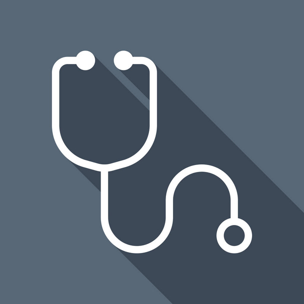 Simple stethoscope icon. Linear, thin outline. White flat icon with long shadow on background - Vector, Image