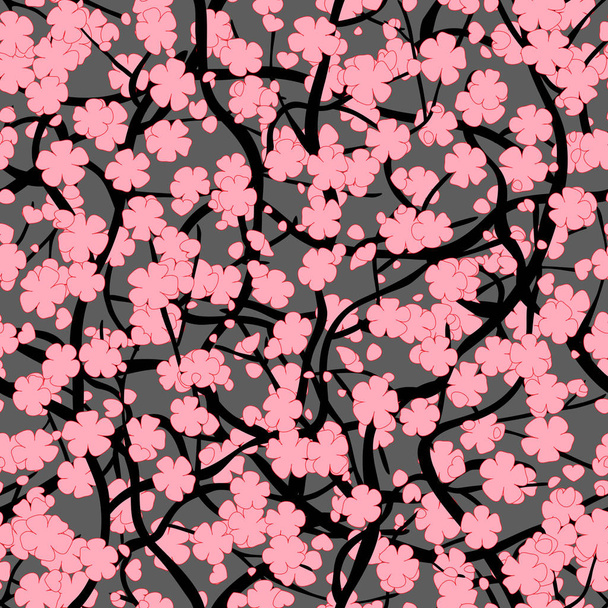 Árbol de sakura con flores. Ramas infinitamente rizadas. Estilo oriental. Patrón sin costura con fondo gris
 - Vector, Imagen