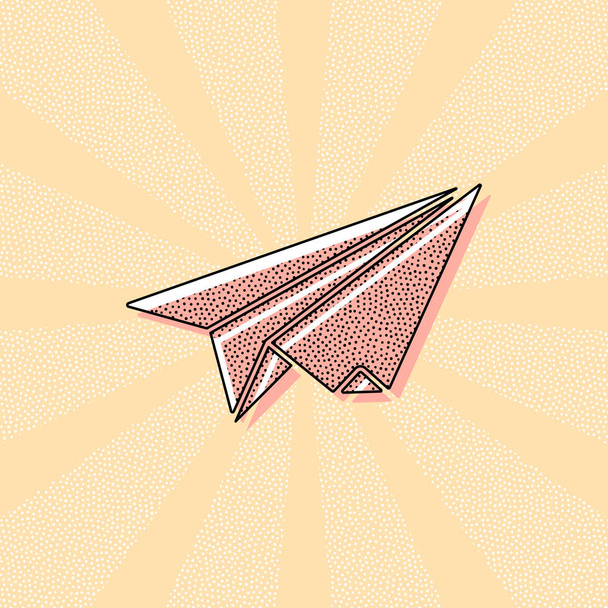 Papierflieger. Origami-Segelflugzeug. Vintage Retro-Typografie mit Offsetdruck-Effekt. Punkte Poster mit Comics Pop Art Hintergrund - Vektor, Bild