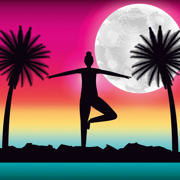 silhouette woman making yoga in tropical panorama - Vector, Image