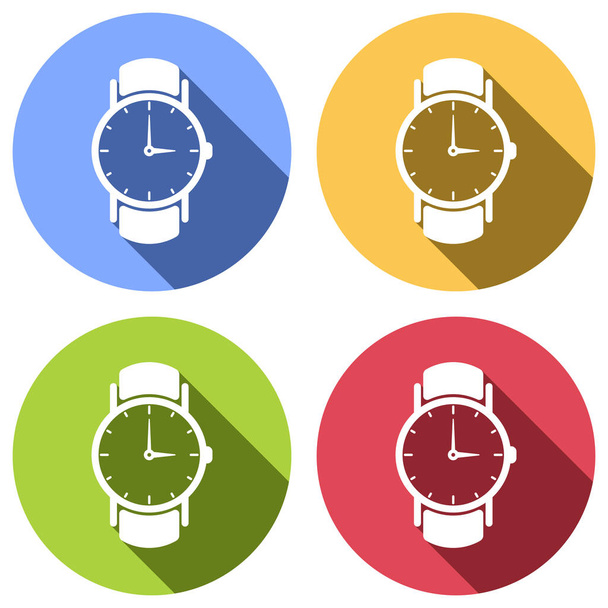 Το ρολόι κλασικό χέρι με βέλη, εικονίδιο. Σετ λευκά εικονίδια με μεγάλη σκιά σε μπλε, πορτοκαλί, πράσινο και κόκκινο χρωματιστοί κύκλοι. Στυλ αυτοκόλλητο - Διάνυσμα, εικόνα