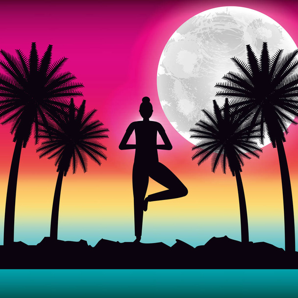silhouette woman making yoga in tropical panorama - Vector, Image