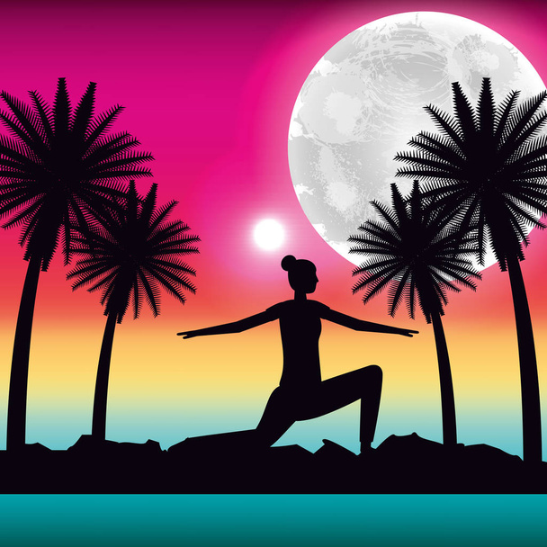 silhouette femme faire du yoga dans le panorama tropical
 - Vecteur, image